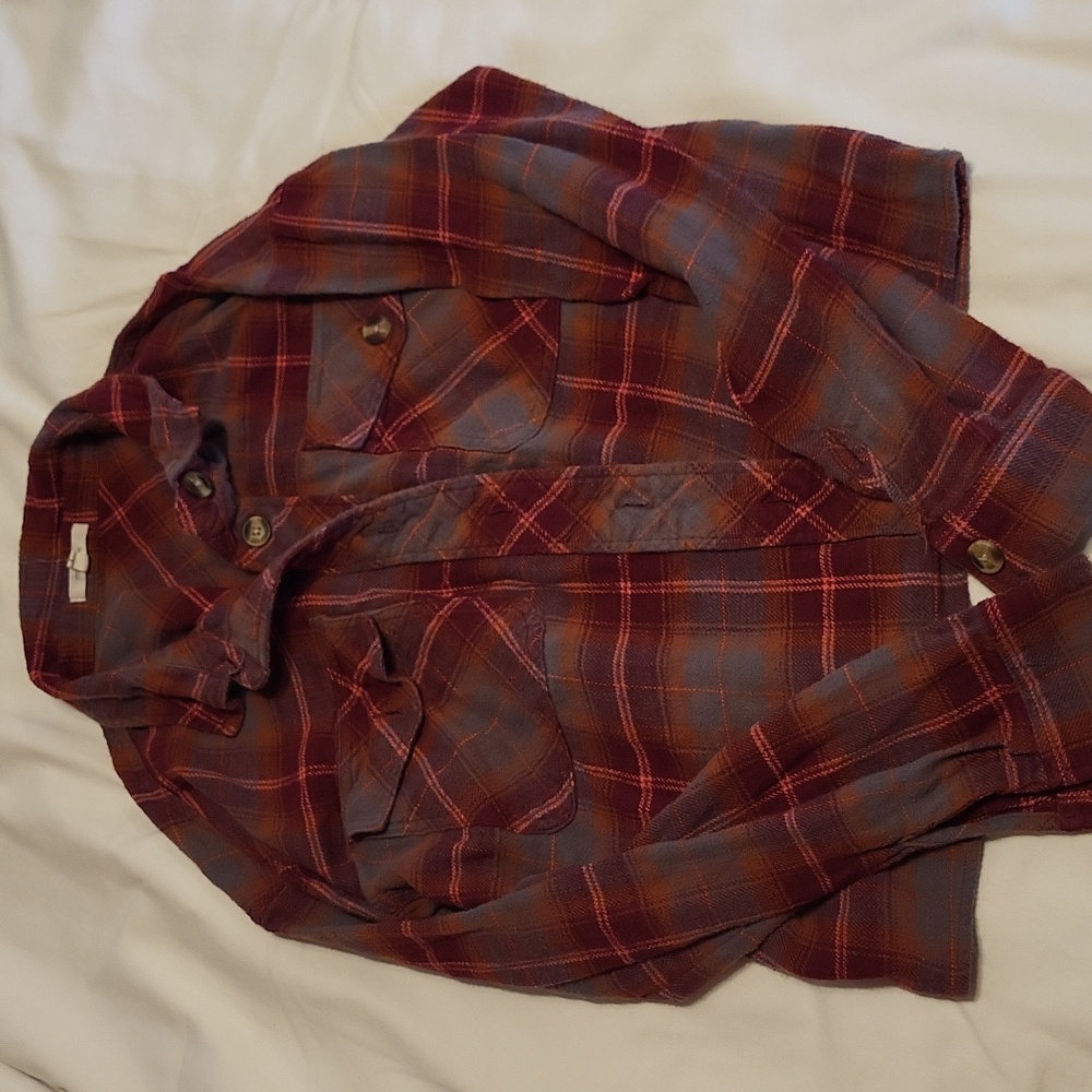 Long Sleeve Button Down Cropped Flannel Shirt Size Large